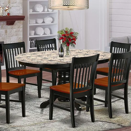 Vista 2 de Mantel ovalado ajustable para mesa de patio, mantel de poliéster elástico floral, diseño floral monocromático, se adapta a mesas ovaladas de hasta