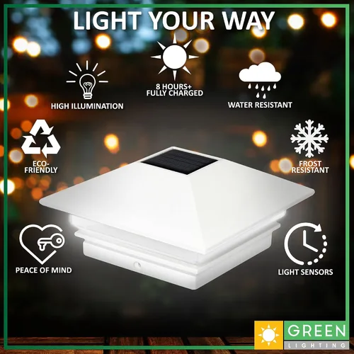 Vista 4 de Postes solares GreenLighting Nominal 4 x 4 Slim LED, lámpara con remate para postes de madera, Blanco