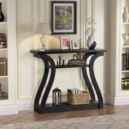 Vista 3 de Mesa consola de madera con patas curvadas y estante, mesa de sofá moderna de 3 niveles para zona de entrada, sala de estar, pasillo, 47 pulgadas