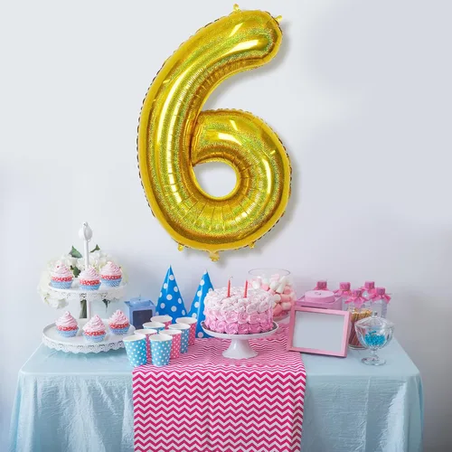 Vista 6 de Globos de cumpleaños de 6 años para niños, globos gigantes de Mylar con el número 6 autoinflables, globos de aluminio iridiscentes dorados, globos