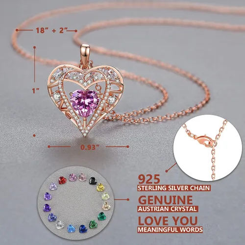 Vista 63 de Collar de cristal de 5 corazones, chapado en oro rosa de 18 quilates, colgante con cadena de plata de ley 925 de 18 + 2 pulgadas, joyería de piedra