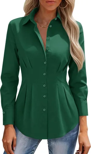 Vista 18 de siliteelon Camisas con botones para mujer, cintura ceñida, camisa de vestir de algodón de manga larga para negocios, casual, trabajo, oficina