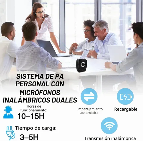 Vista 6 de Amplificador de voz con micrófonos profesionales duales, micrófono portátil inalámbrico de 25 W y sistema de altavoces, altavoz Bluetooth