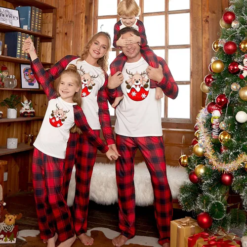 Vista 6 de Christmas Pajamas for Family, Matching Family Christmas PJs Sets Merry Christmas Print Top Red Plaid Pants Sleepwear