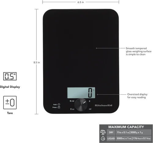 Vista 2 de KitchenAid KQ914BA - Báscula digital de cocina y alimentos con superficie de vidrio, capacidad de 5 kg, mide ingredientes líquidos y secos, botón
