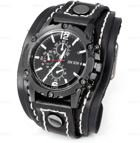Vista 8 de MINILUJIA Hecho a mano cosido con cuerda de cera para hombre, relojes vintage punk hiphop gótico ancho de cuero genuino brazalete redondo de cuarzo