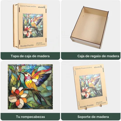Vista 9 de Qiuenisray Rompecabezas de madera de 200 piezas, rompecabezas de colibrí de vidrieras