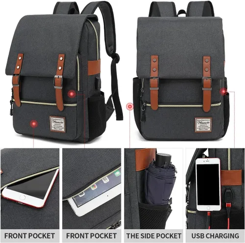 Vista 2 de Mancio Mochila vintage delgada para laptop para mujeres y hombres, bolsa universitaria de negocios resistente a desgarros con puerto de carga USB