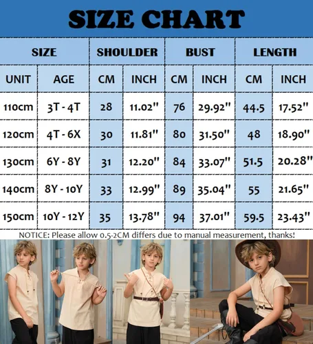 Vista 6 de Camiseta sin mangas de pirata renacentista para niños, disfraz vikingo, medieval, con cordones, escocés, Halloween, cosplay, camiseta sin mangas