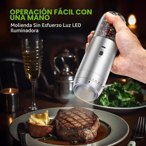 Vista 6 de Juego de Molinillo de Sal y Pimienta de Gravedad, Molinillo Eléctrico de Sal y Pimienta, Molinillo de Pimienta Recargable con Grosor Ajustable y Luz