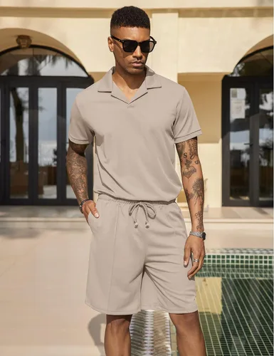Vista 4 de COOFANDY Conjunto de camisa polo y pantalones cortos para hombre, trajes de verano de 2 piezas, pantalones cortos, trajes de moda casuales de manga