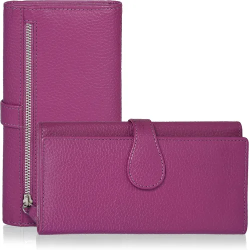 Vista 11 de Cartera de cuero genuino para mujer de cuero con bloqueo RFID - Tarjetero triple de diseñador para damas tipo clutch con ventana de identificación