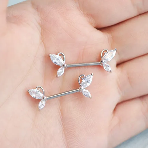 Vista 8 de CHARM ONLINE 2PCS 14G 316L Stainless Steel Clear Butterfly CZ Nipple Rings Barbell Crystal Nipple Piercings Jewelry for Women