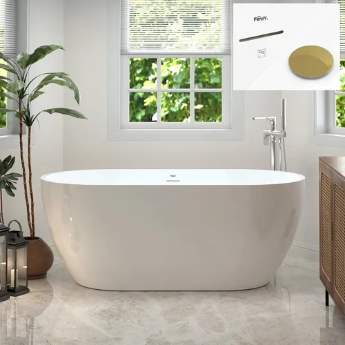 Vista 15 de FerdY Bañera independiente de acrílico Bali de 47 pulgadas, bañera independiente con forma elegante, certificado cUPC, drenaje dorado cepillado