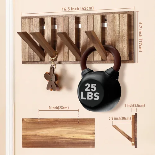 Vista 3 de Perchero de pared para entrada: Plegable rústico de madera con 8 ganchos, montaje de 16.5 pulgadas, elegante colgador de piano para pasillo