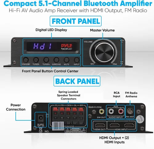 Vista 3 de Amplificador de audio inalámbrico Pyle Bluetooth para el hogar - Receptor estéreo de potencia para cine en casa de 100 W, 5.1 canales, sonido