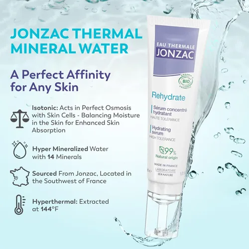 Vista 3 de Eau Thermale Jonzac Rehydrate - Suero hidratante orgánico de ácido hialurónico puro para la cara, hidratación 24 horas, regordeta y repara la piel