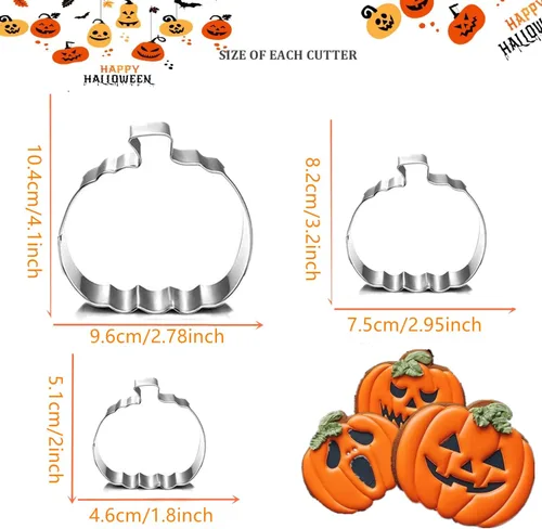 Vista 2 de Juego de cortadores de galletas de calabaza, 4 pulgadas, 3.22 pulgadas, 2 pulgadas, cortadores de galletas grandes para otoño, Halloween, Acción