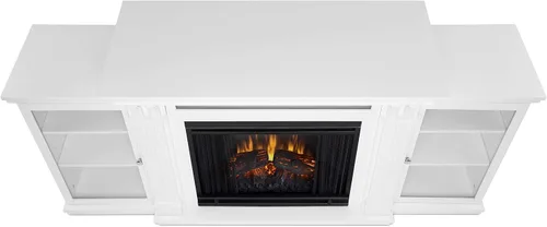Vista 3 de Chimenea eléctrica Centro de entretenimiento blanco por Classic Traditional Glass Fabricados Madera Estantes ajustables Control remoto
