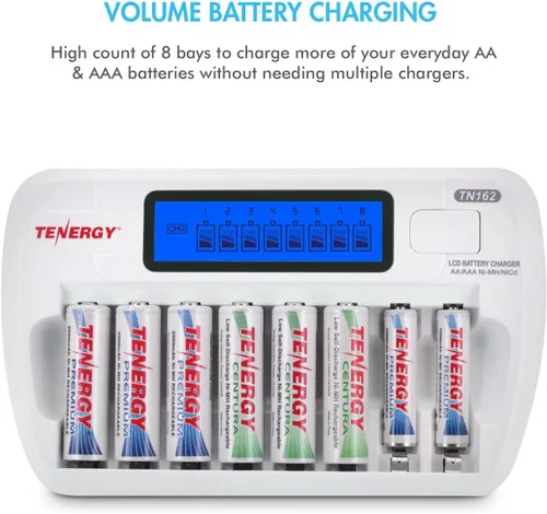 Vista 2 de Tenergy TN162 8-Bay Smart LCD cargador de batería para baterías recargables AA/AAA NiMH/NiCd