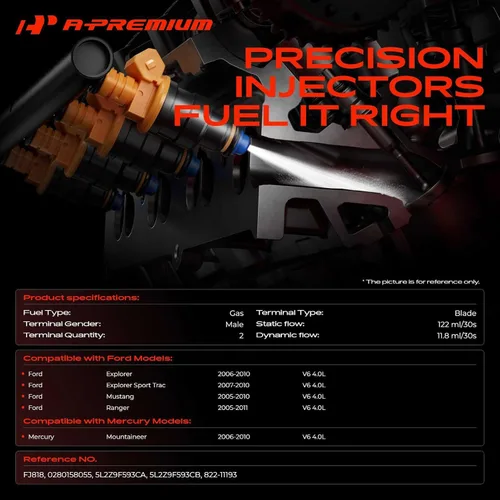 Vista 2 de A-Premium Inyectores de combustible compatibles con Ford Mustang 2005-2010, Explorer 2006-2010, Ranger 2005-2011, Explorer Sport Trac 2007-2010