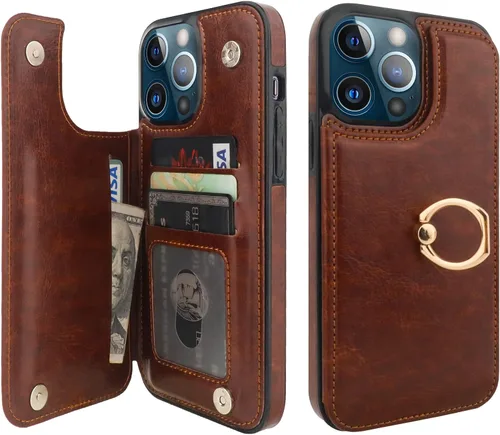 Vista 20 de ONETOP Funda tipo cartera para iPhone 13 con soporte para tarjetas, anillo de rotación de 360°, bloqueo RFID, doble cierre magnético, a prueba