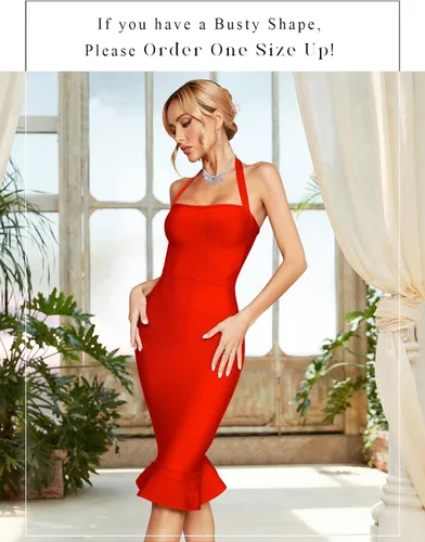 Vista 5 de houstil Vestido ajustado estilo halter con cuello en V y reborde para mujer para fiesta