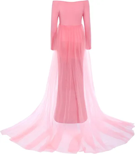 Vista 3 de Vestido de maternidad de manga larga con hombros descubiertos para mujer, vestido de tul para boda, sirena para sesión de fotos, baby shower