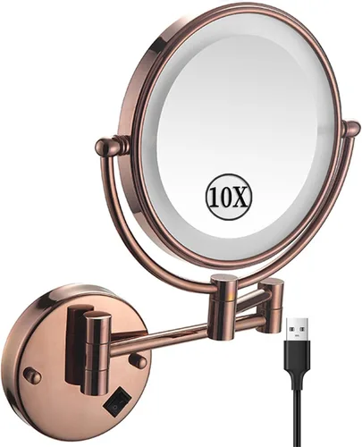 Vista 10 de KEYQEEN Espejo de maquillaje LED con luces, espejo de aumento de doble cara 1X/10X, espejo de aumento negro cableado montado en la pared giratorio