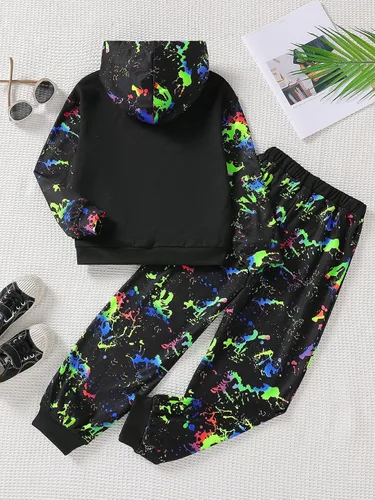 Vista 2 de Floerns Conjunto de 2 piezas con capucha y pantalones deportivos de manga larga con estampado de tinta reflectante