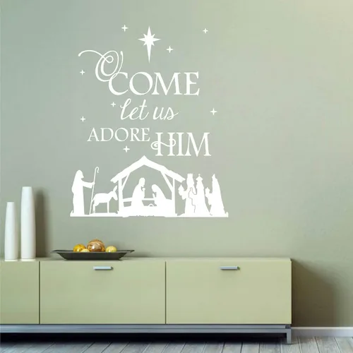 Vista 4 de Vinilo adhesivo de pared con texto en inglés "Come Let Us Adore Him with Nativity", para sala de estar, dormitorio, Navidad, versículo bíblico, Negro
