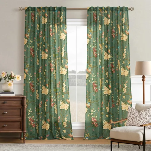 Vista 43 de Cortinas de lino de pájaro floral azul 2 paneles de 72 pulgadas de largo Aqua Blue