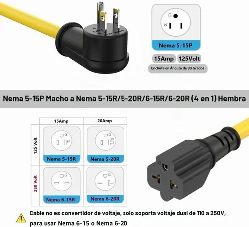 Vista 3 de 1-FT 12AWG ángulo recto 15 amperios enchufe de CA doméstico a cable adaptador de 20 amperios