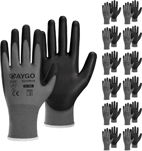 Vista 42 de KAYGO KG11PB - Guantes de trabajo de seguridad con revestimiento de poliuretano, 12 pares de guantes de punto sin costuras para hombres y mujeres