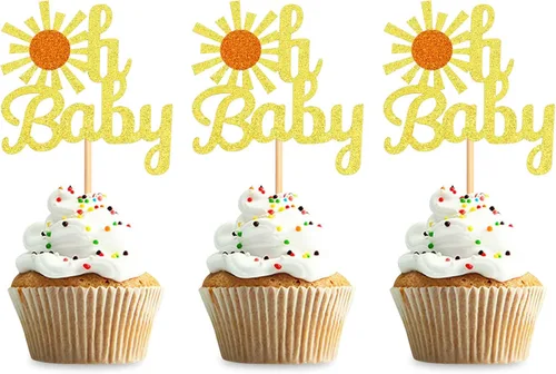Vista 11 de 24 adornos dorados con purpurina para cupcakes con texto en inglés "You are My Sunshine", para baby shower, baby shower, revelación de género