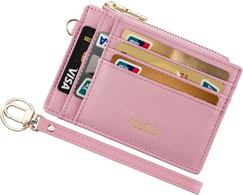 Vista 9 de Cartera delgada para mujer con bloqueo RFID para tarjetas de crédito, porta tarjetas tipo pulsera con cremallera para identificación, cartera