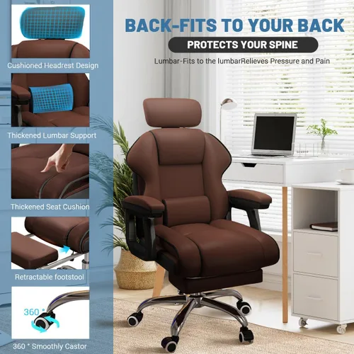 Vista 4 de Silla ejecutiva para computadora, silla de escritorio para oficina en casa, ángulo ajustable, ergonómica, de altura ajustable, sillas de piel Marrón