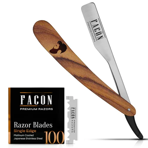 Vista 12 de Facón Navajas rectas para hombres - Kit de navaja de barbero profesional de borde recto con 100 cuchillas, afeitadora clásica de acero inoxidable