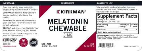 Vista 3 de Kirkman - Melatonina 3mg - 150 tabletas masticables - Sabor refrescante a menta - Hipoalergénico