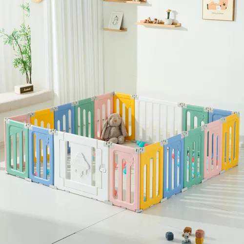Vista 13 de Bestgame - Corralito para bebés - 14 paneles extragrandes plegables para niños pequeños, valla portátil en forma de OVNI, puerta, patio - Azul