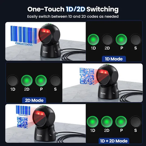 Vista 3 de Eyoyo Escáner de código de barras USB 2D, escáner de código QR omnidireccional automático de escritorio manos libres, lector de código de barras
