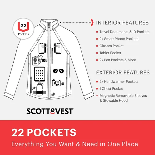 Vista 6 de SCOTTeVEST Tropiformer - Chaqueta 3D para hombre, 22 bolsillos ocultos, abrigo ligero repelente al agua para viajes y más