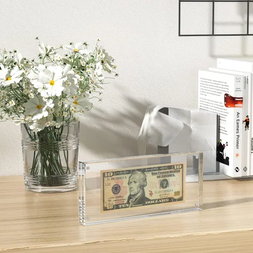 Vista 7 de Estuche de visualización con forma de billete de dólar de 7.8" x 3.9" – Estuche acrílico con marco para billetes de dólar, soporte magnético