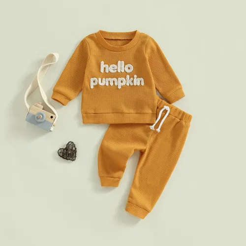 Vista 2 de Ursobutegl Toddler Baby Boy Halloween Outfit Long Sleeve Pumpkin Sweatshirt Pullover Tops Pants Fall Winter Clothes Set