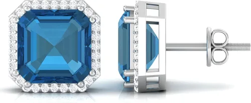 Vista 7 de Pendientes de tuerca con topacio azul Londres de corte Asscher certificados con halo de diamantes 6.50 Cttw Calidad AAA