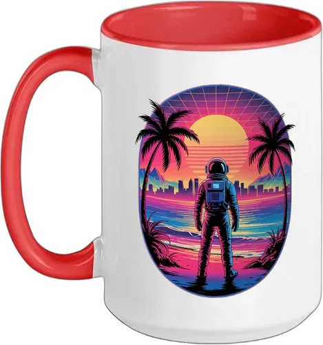 Vista 12 de Vaporwave Synthwave Astronaut Spaceman Science Space Ceramic Mug, Black/White, 11oz