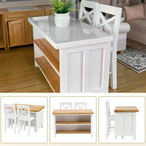 Vista 5 de Juego de sillas de mesa de comedor con islas de cocina de casa de muñecas 1/12 – Cocina en miniatura con taburetes, muebles de madera modernos
