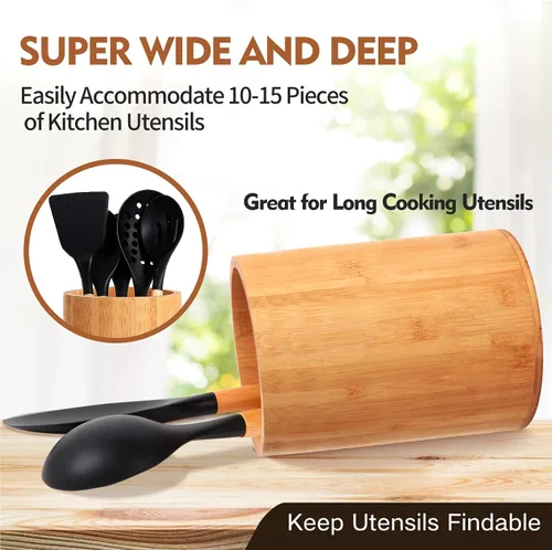 Vista 10 de Soporte de bambú para utensilios de cocina, soporte grande para encimera de cocina, cuchara de bambú y soporte para palillos para decoración