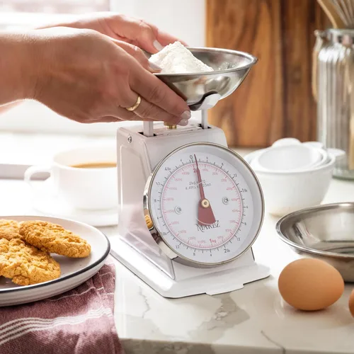 Vista 3 de MARLIZ Báscula de cocina retro pequeña 4.4Lb/4.4 lbs con 2 cuencos blanco Esfera mecánica Vintage Pesa para alimentos bascula