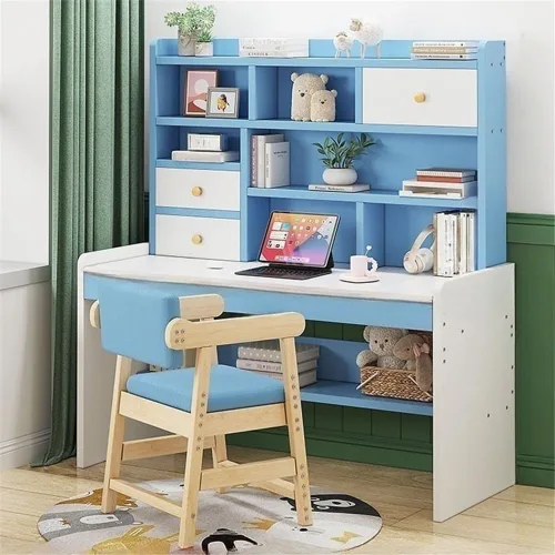 Vista 9 de Mesa rectangular de almacenamiento para niños con cajón, estantería moderna, estantes para mesa de trabajo, mesa de PC, escritorio de esquina